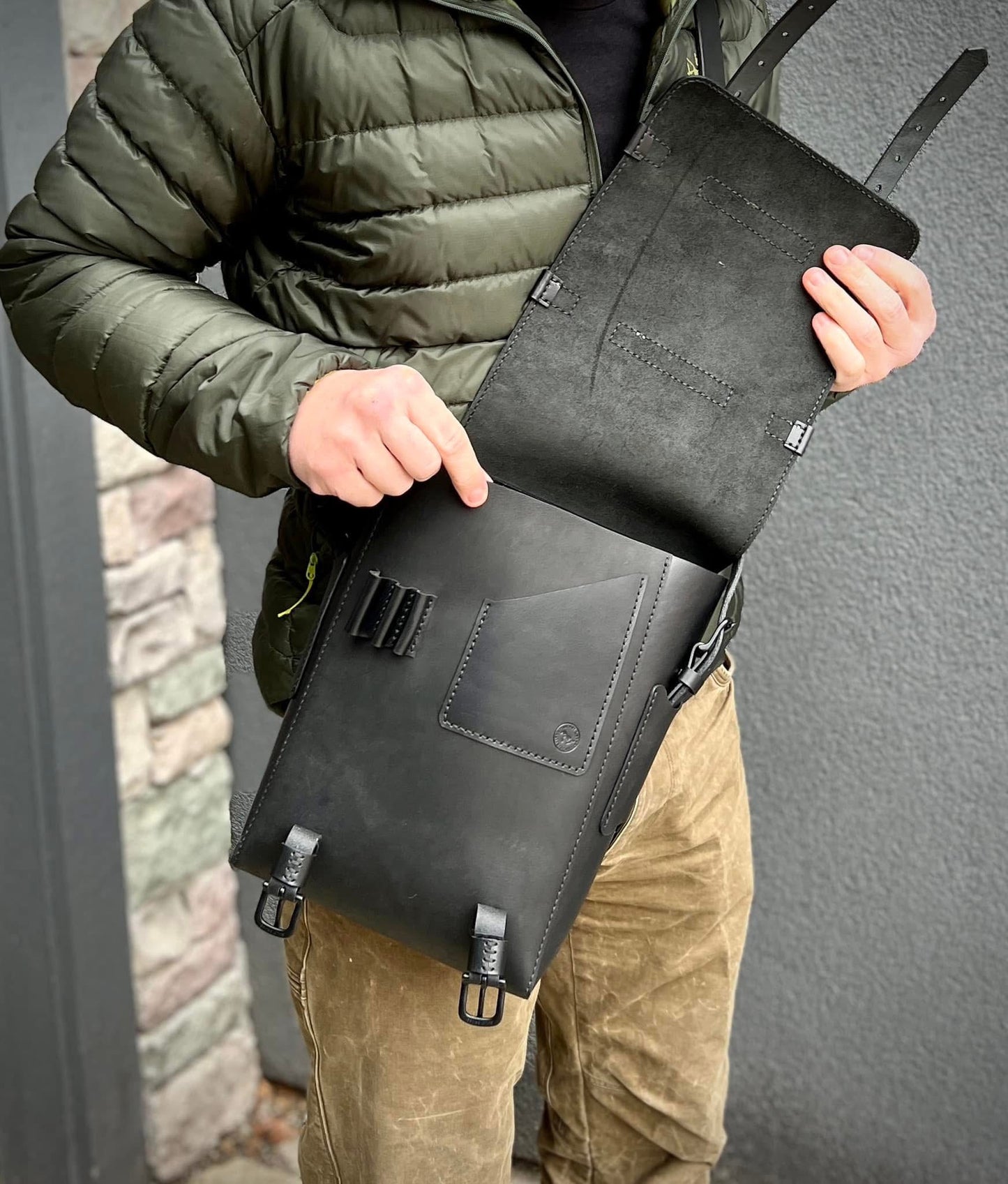 Men's Crossbody Messenger Bag with Buckle Straps