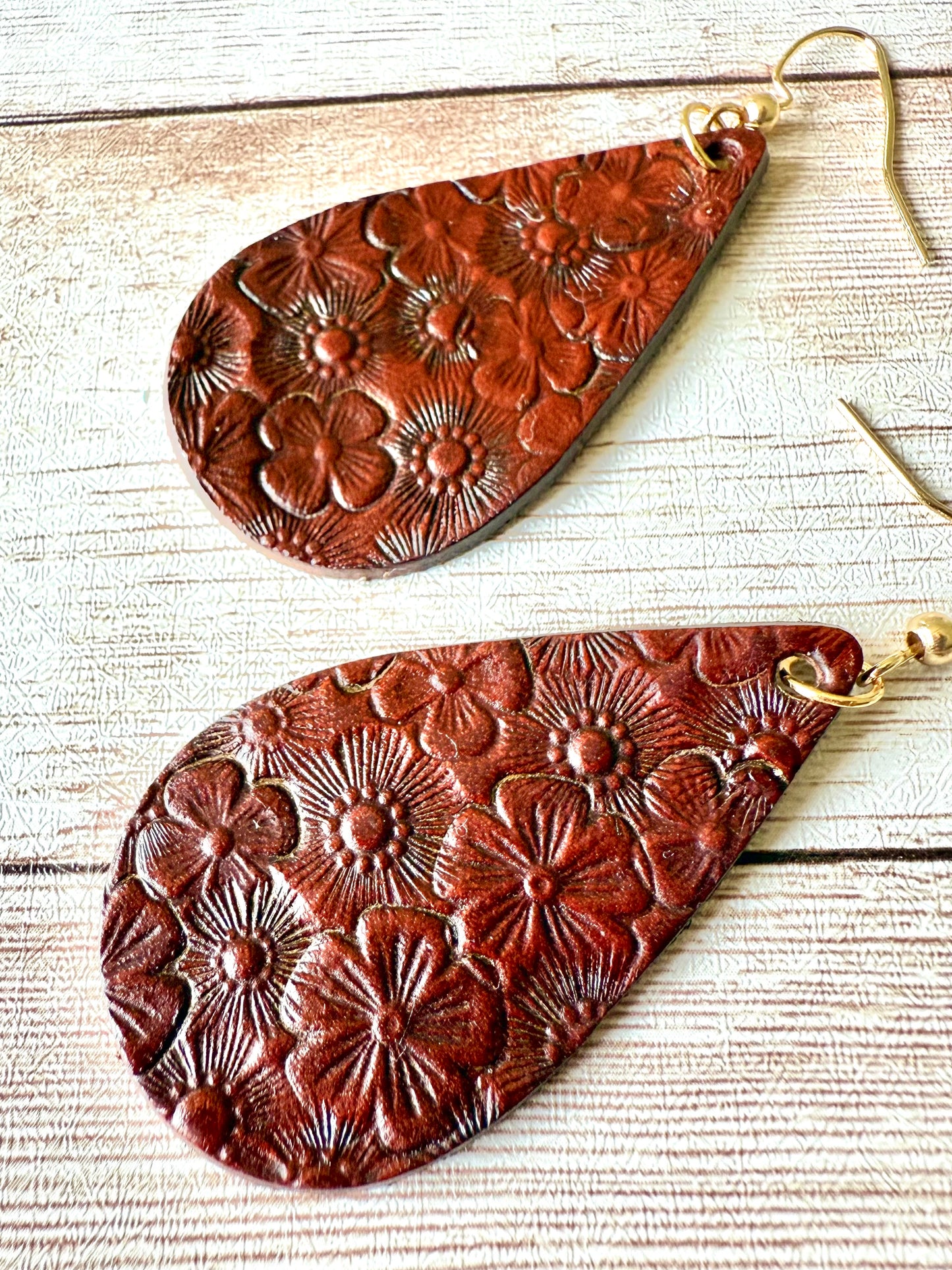 Leather Teardrop Earrings - Hand-Stamped Floral, L