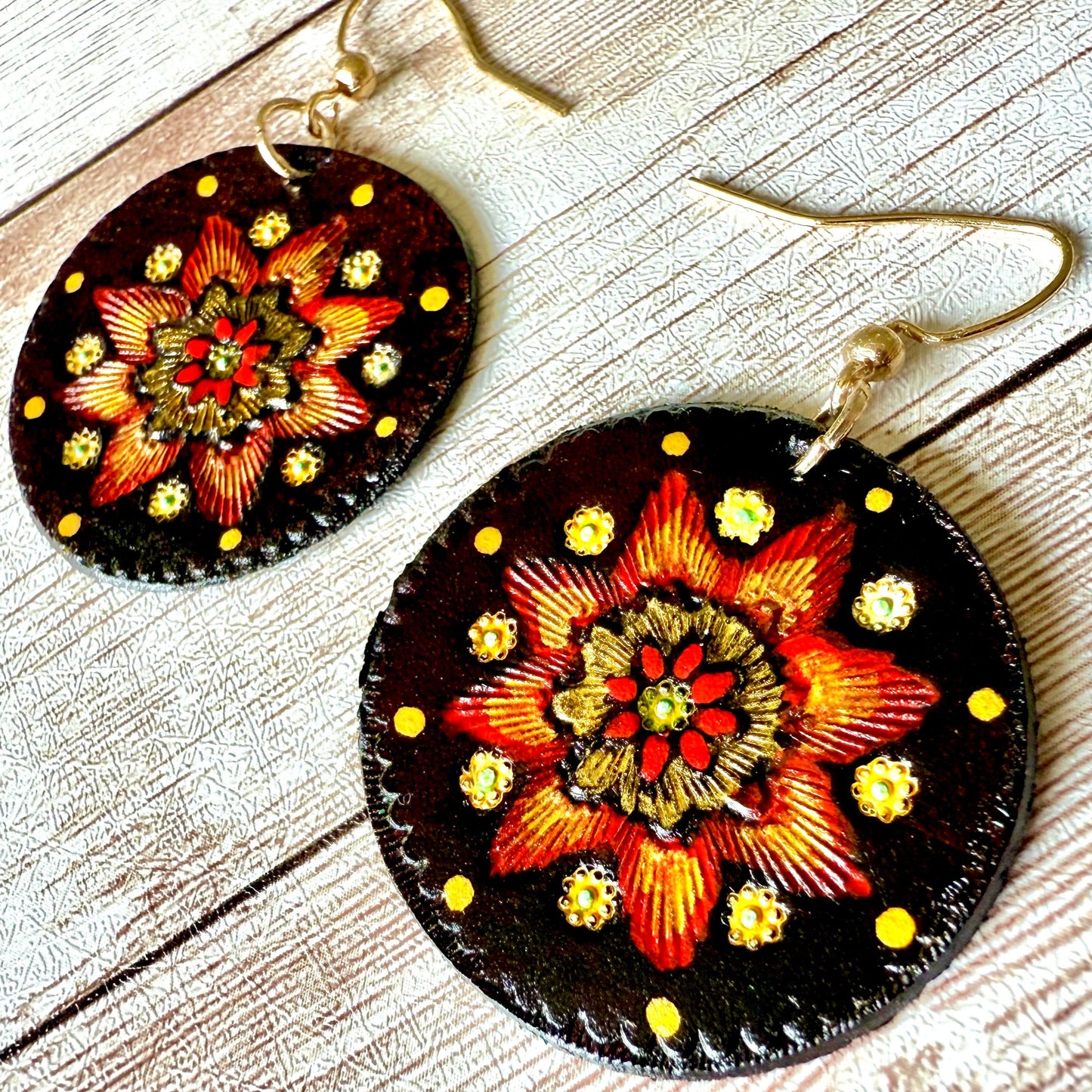 Leather Hand-Painted Circular Earrings - Bohemian/Southwestern Style