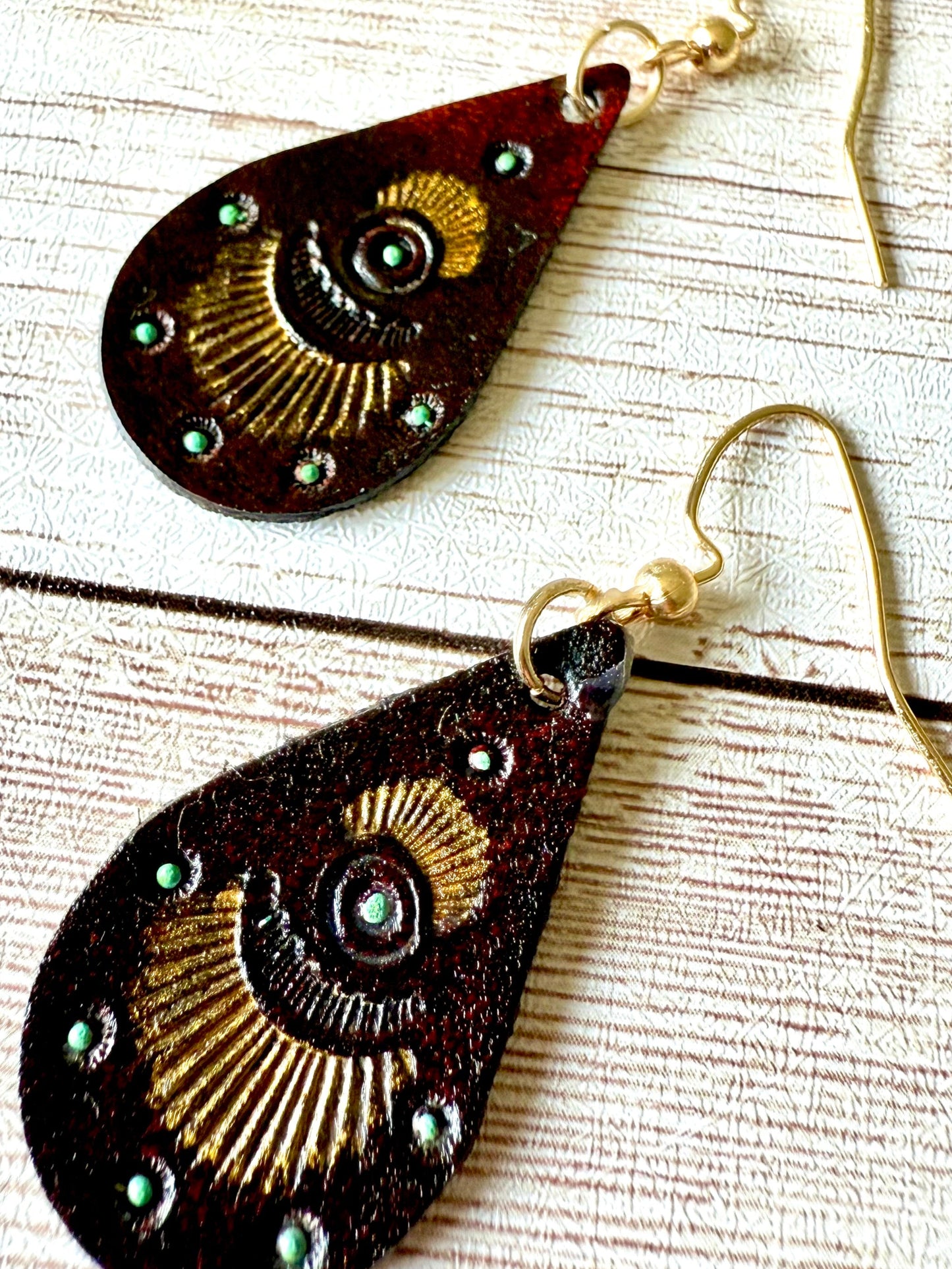 Leather Teardrop Earrings - Hand-Stamped/Painted, Southwestern Style, M