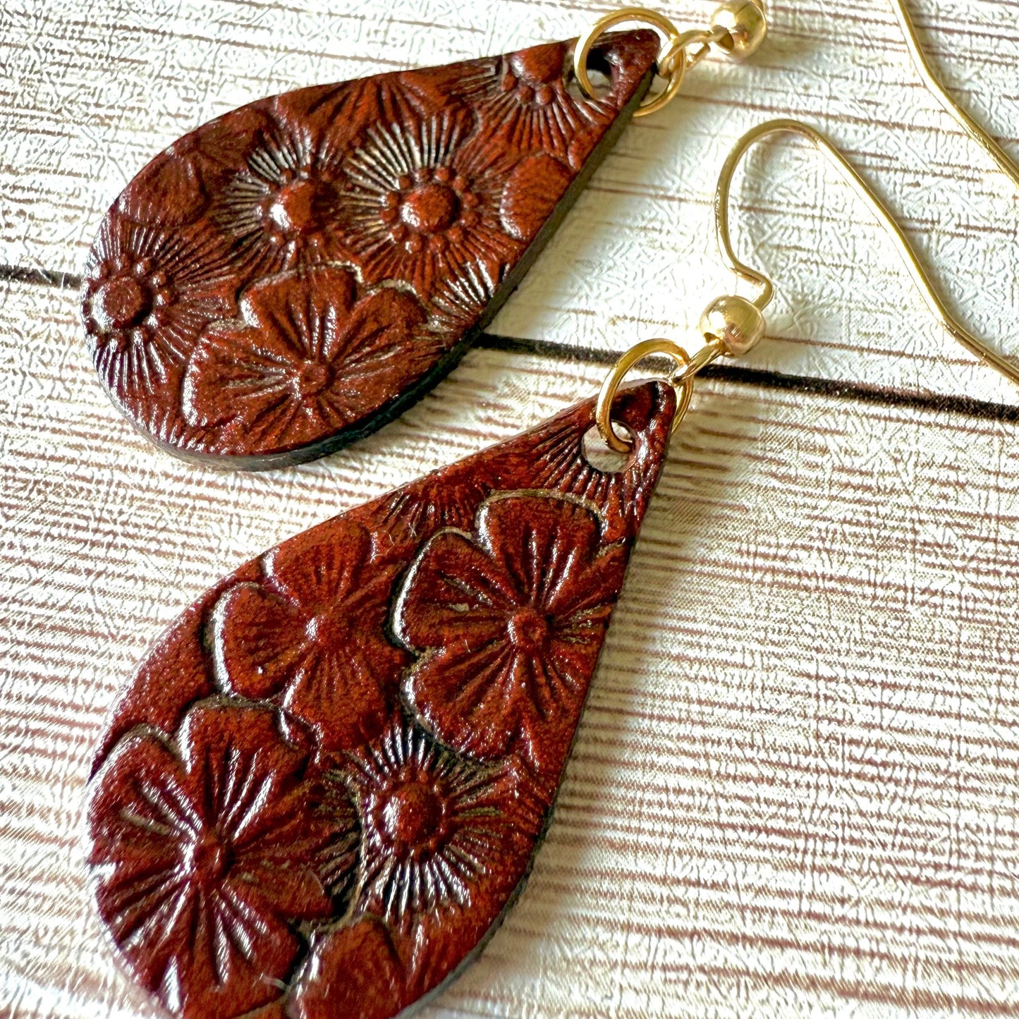 Leather Teardrop Earrings - Hand-Stamped Floral, M