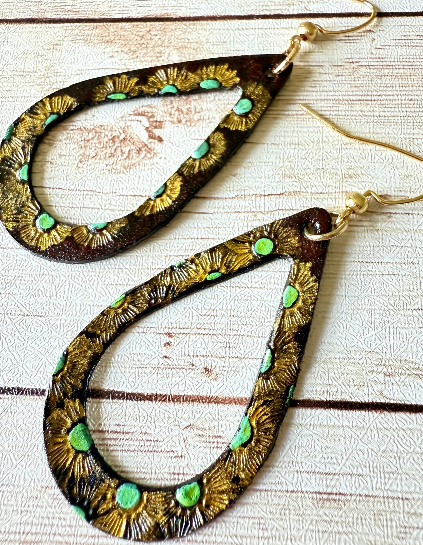 Leather Teardrop Earrings with Cutout - Hand-Stamped/Painted, Bohemian Floral, L