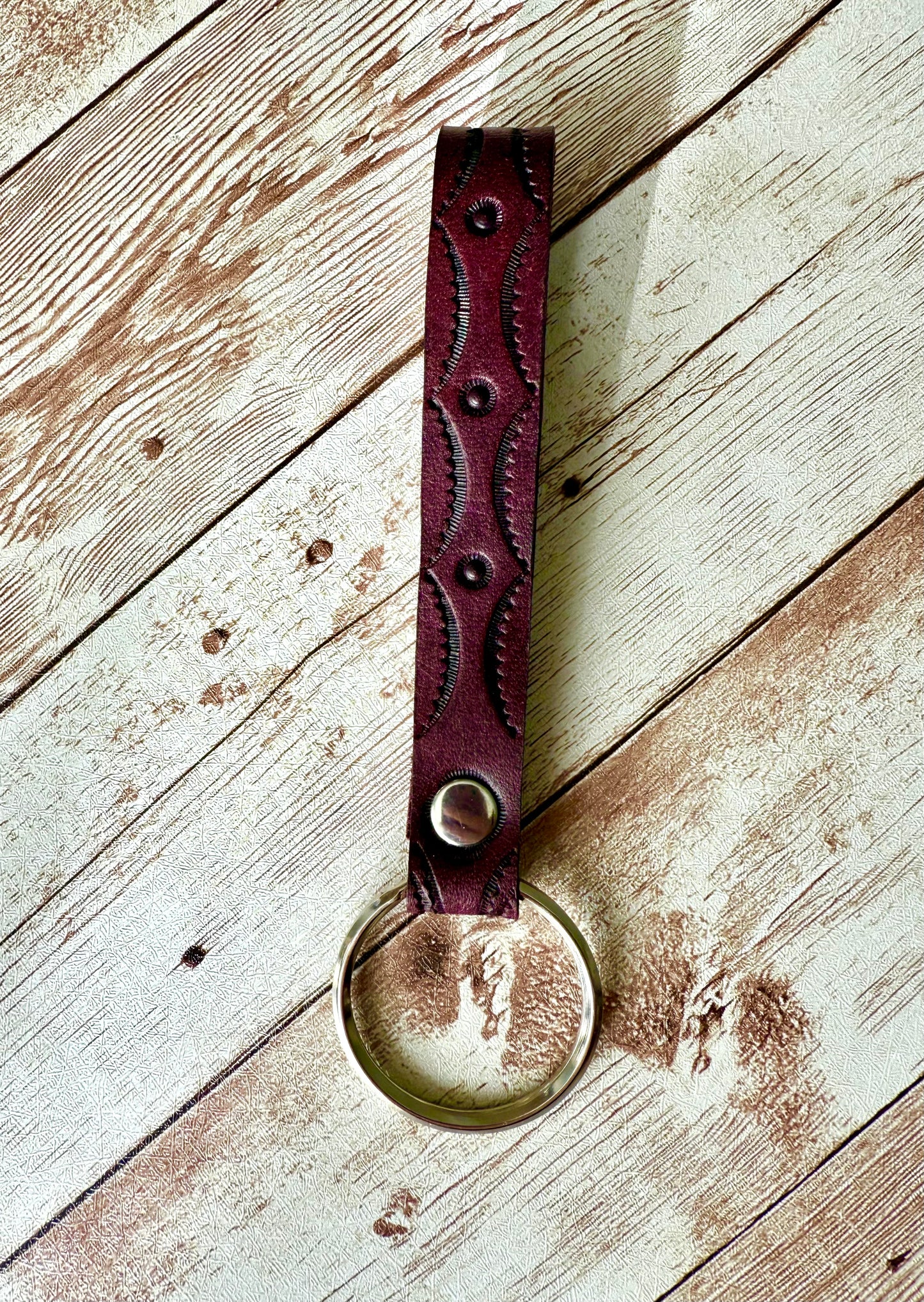 Leather Keychain - Stamped Merlot & Stainless Steel