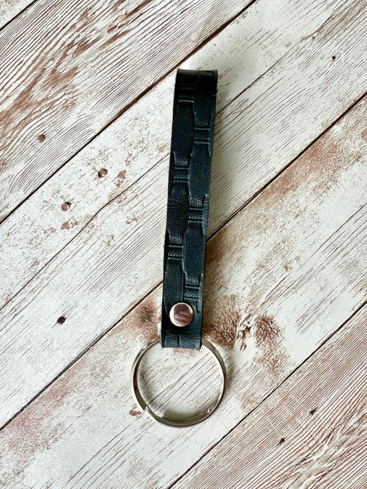Leather Keychain - Hand-Stamped Navy with Stainless Steel