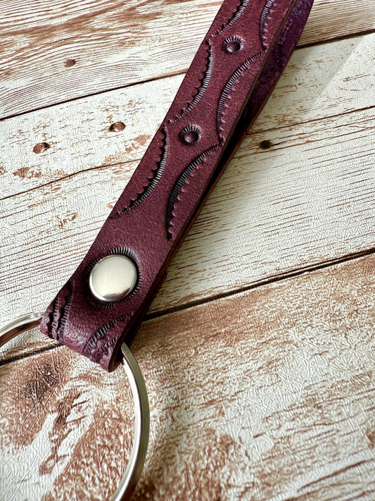 Leather Keychain - Stamped Merlot & Stainless Steel