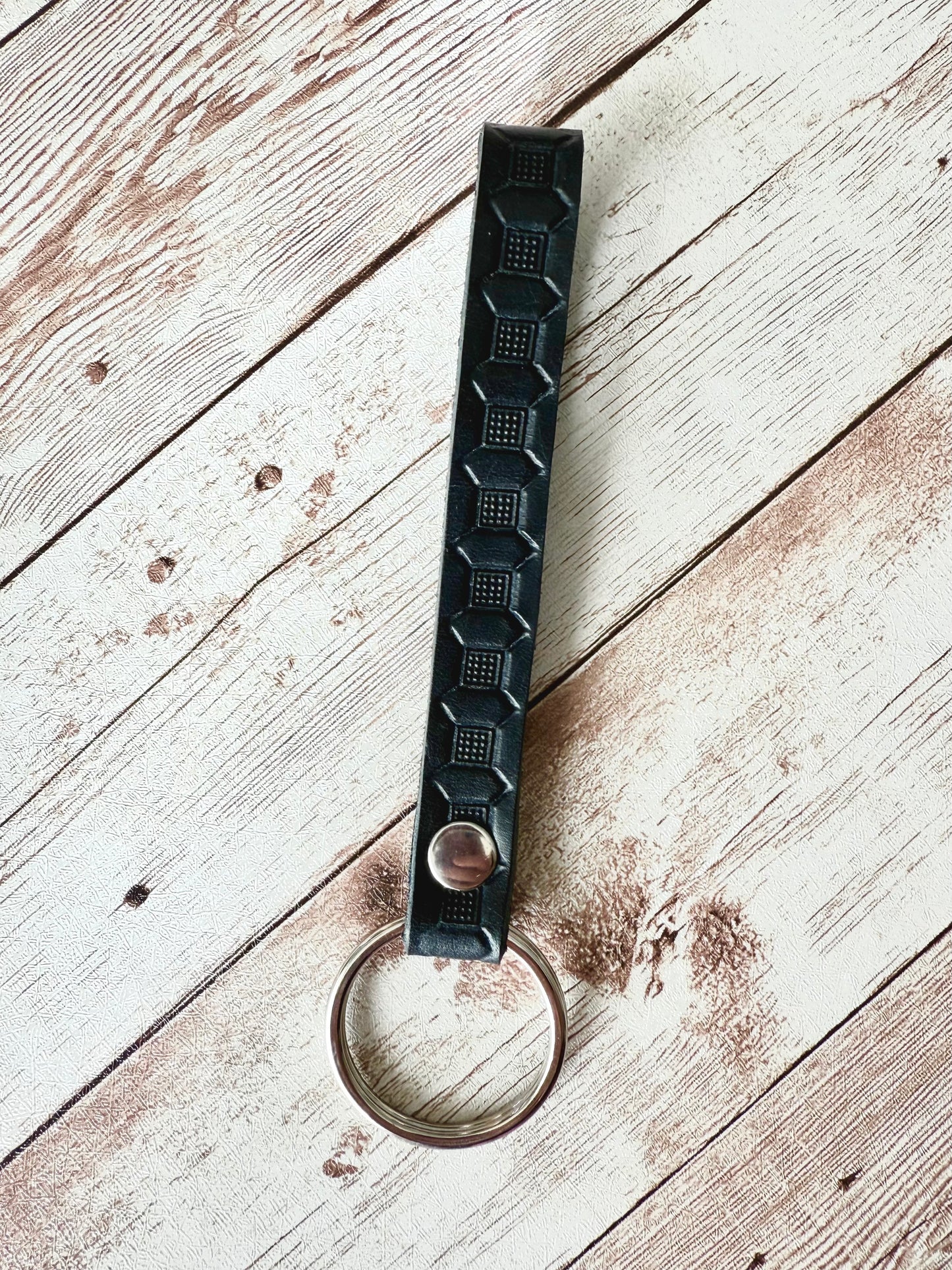 Leather Keychain - Hand-Stamped Navy with Stainless Steel