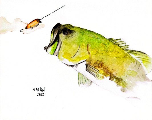 Large Mouth Bass Watercolor Wall Art, 8x10 Print (Unframed)