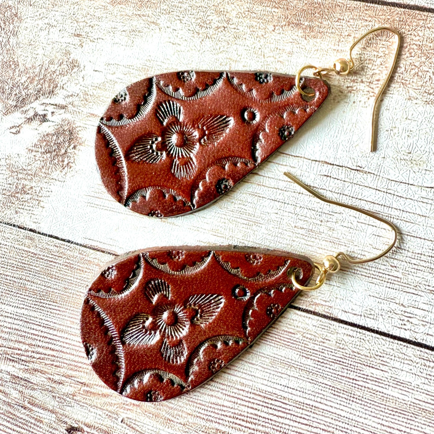 Leather Teardrop Earrings - Hand-Stamped, Bohemian/Southwest, L