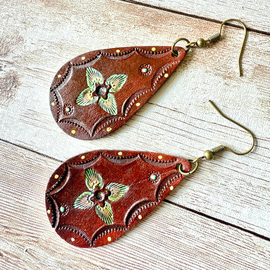 Leather Teardrop Earrings - Hand-/Stamped/Painted, Bohemian/Southwest, L