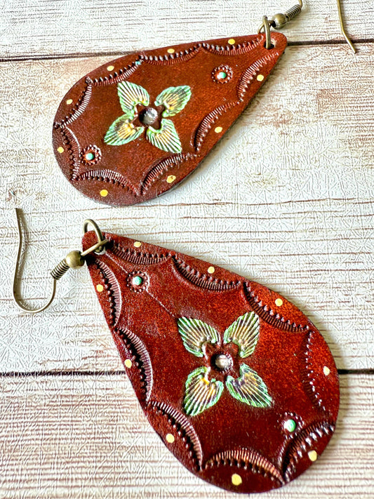 Leather Teardrop Earrings - Hand-/Stamped/Painted, Bohemian/Southwest, L