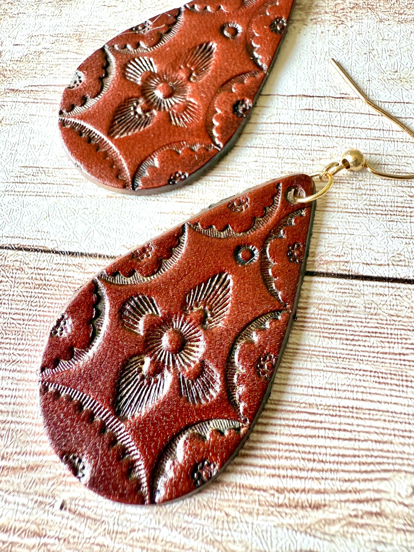 Leather Teardrop Earrings - Hand-Stamped, Bohemian/Southwest, L
