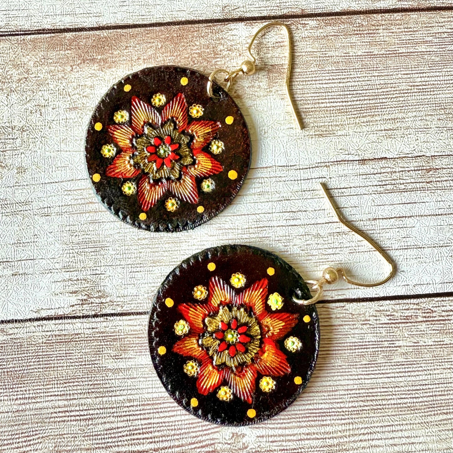 Leather Hand-Painted Circular Earrings - Bohemian/Southwestern Style