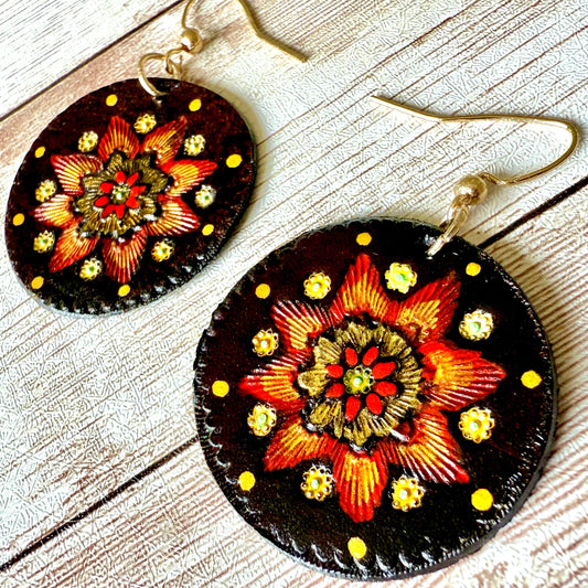 Leather Hand-Painted Circular Earrings - Bohemian/Southwestern Style