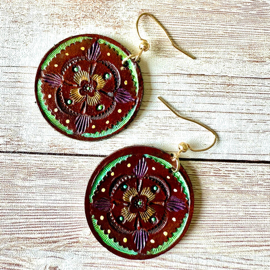Leather Hand-Painted Circular Earrings - Bohemian/Southwestern Style