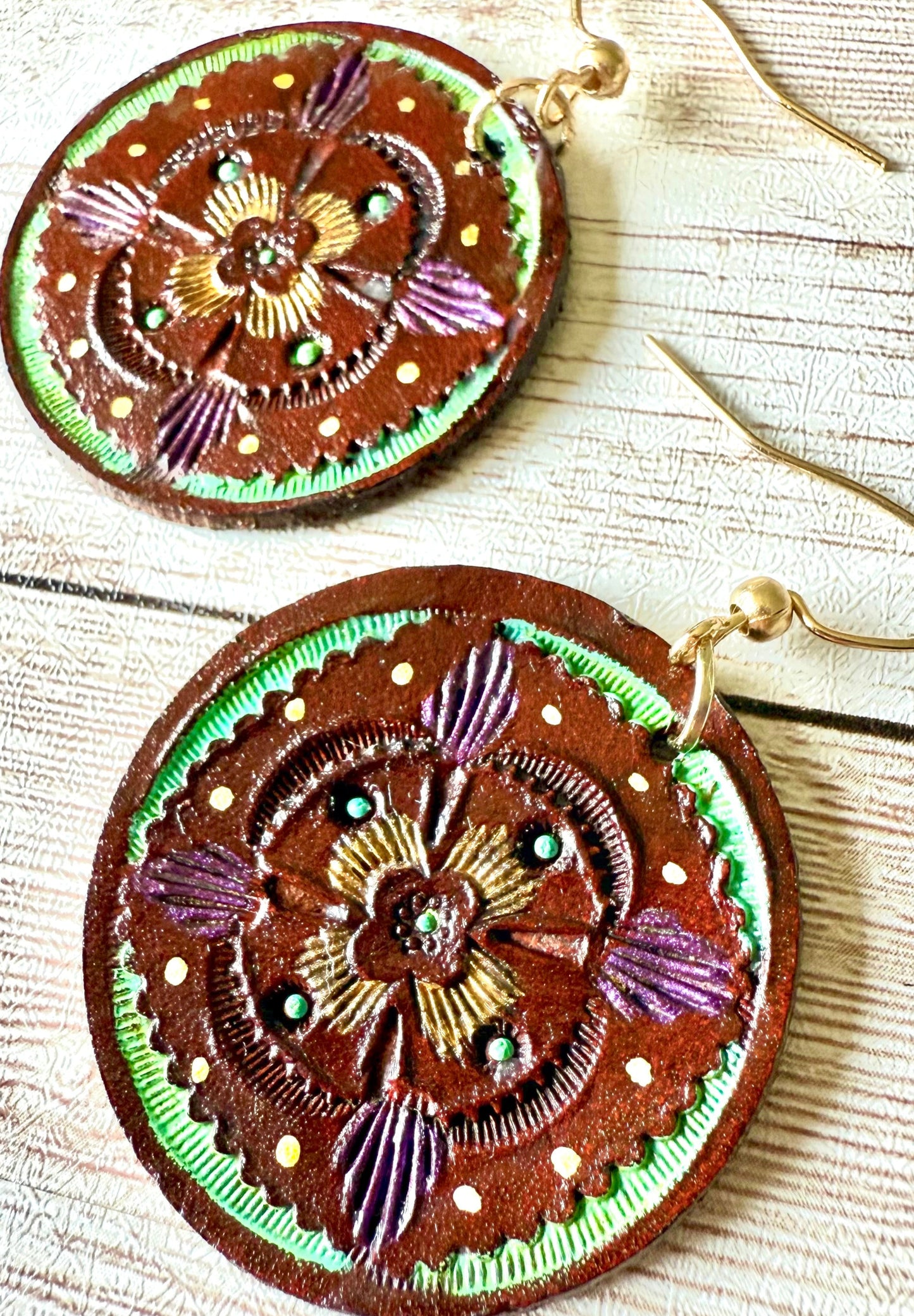 Leather Hand-Painted Circular Earrings - Bohemian/Southwestern Style