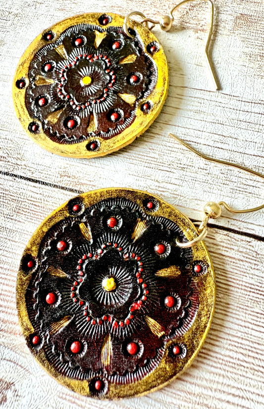 Leather Hand-Painted Circular Earrings - Bohemian Style