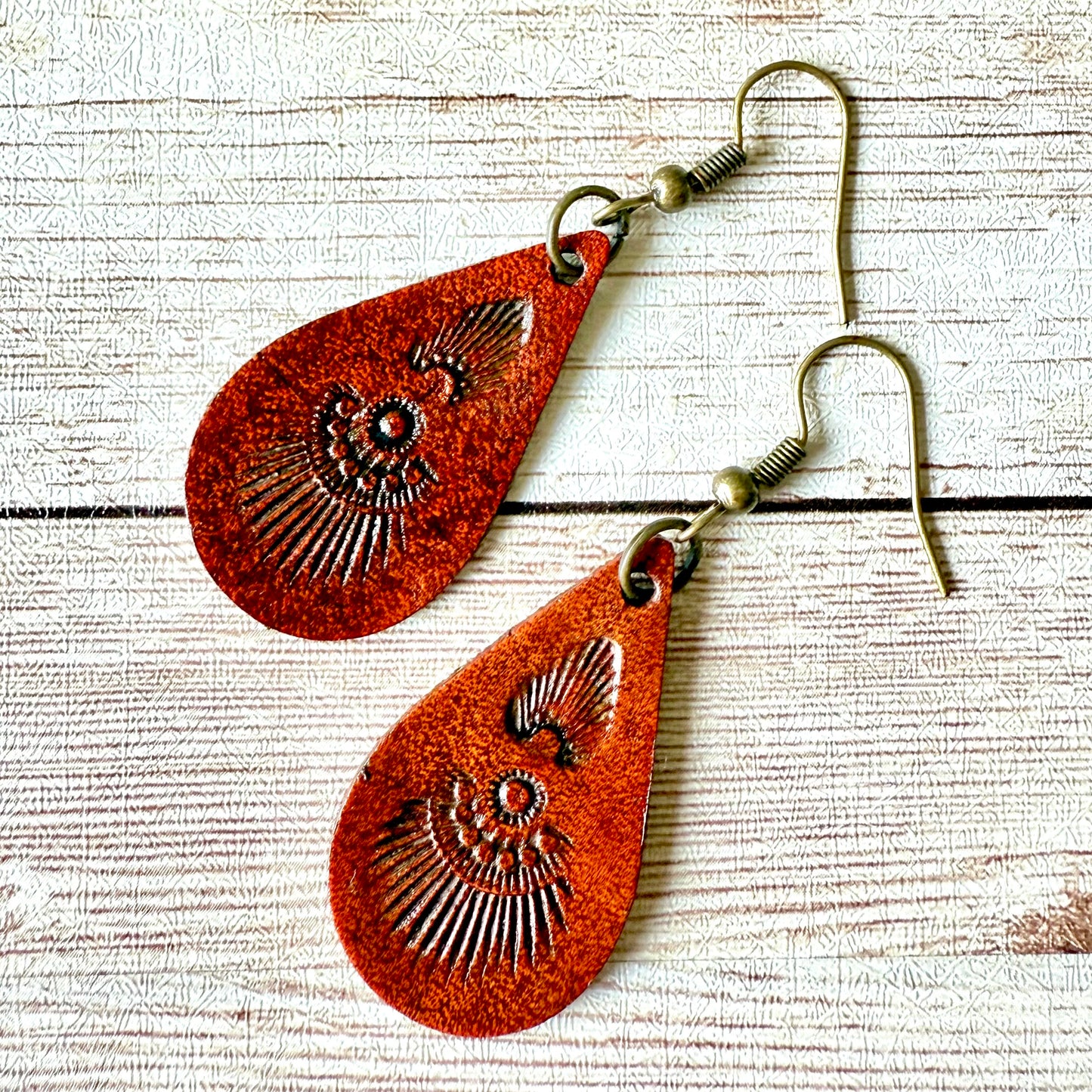 Leather Teardrop Earrings - Hand-Stamped, Southwestern Style, M