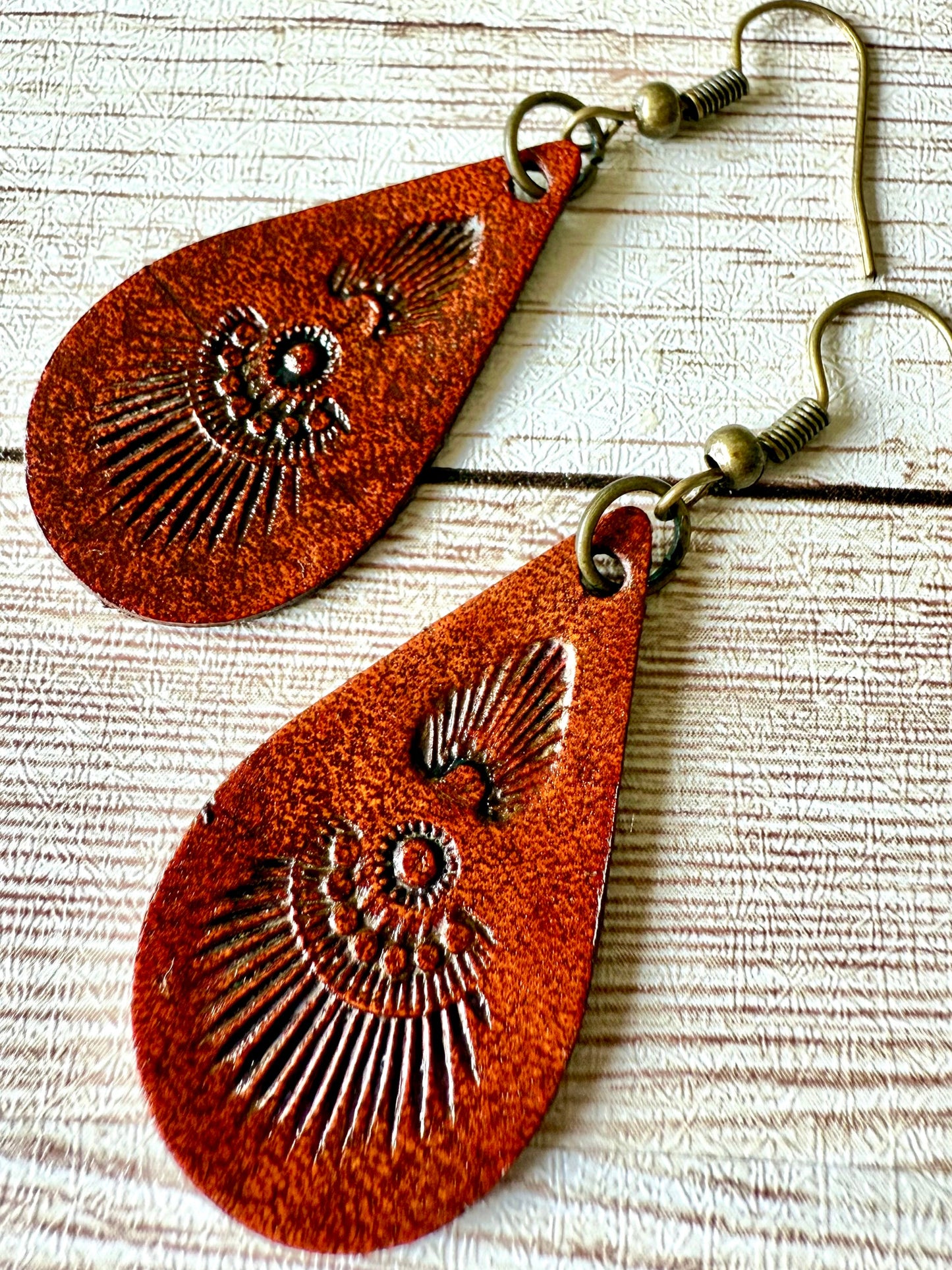 Leather Teardrop Earrings - Hand-Stamped, Southwestern Style, M