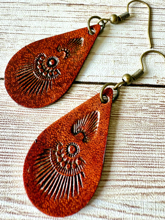 Leather Teardrop Earrings - Hand-Stamped, Southwestern Style, M