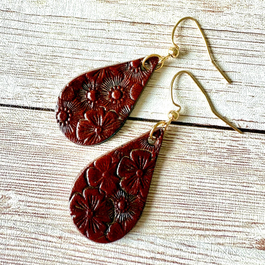 Leather Teardrop Earrings - Hand-Stamped Floral, M
