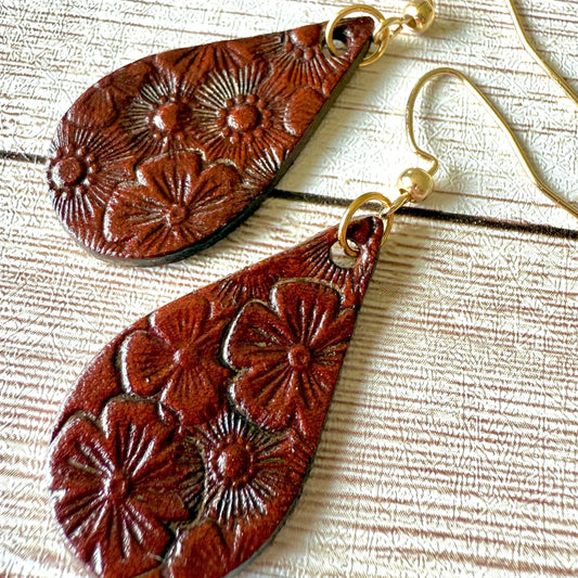 Leather Teardrop Earrings - Hand-Stamped Floral, M