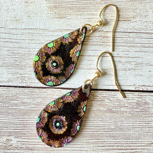 Leather Teardrop Earrings - Bohemian, Hand-Painted Floral, M