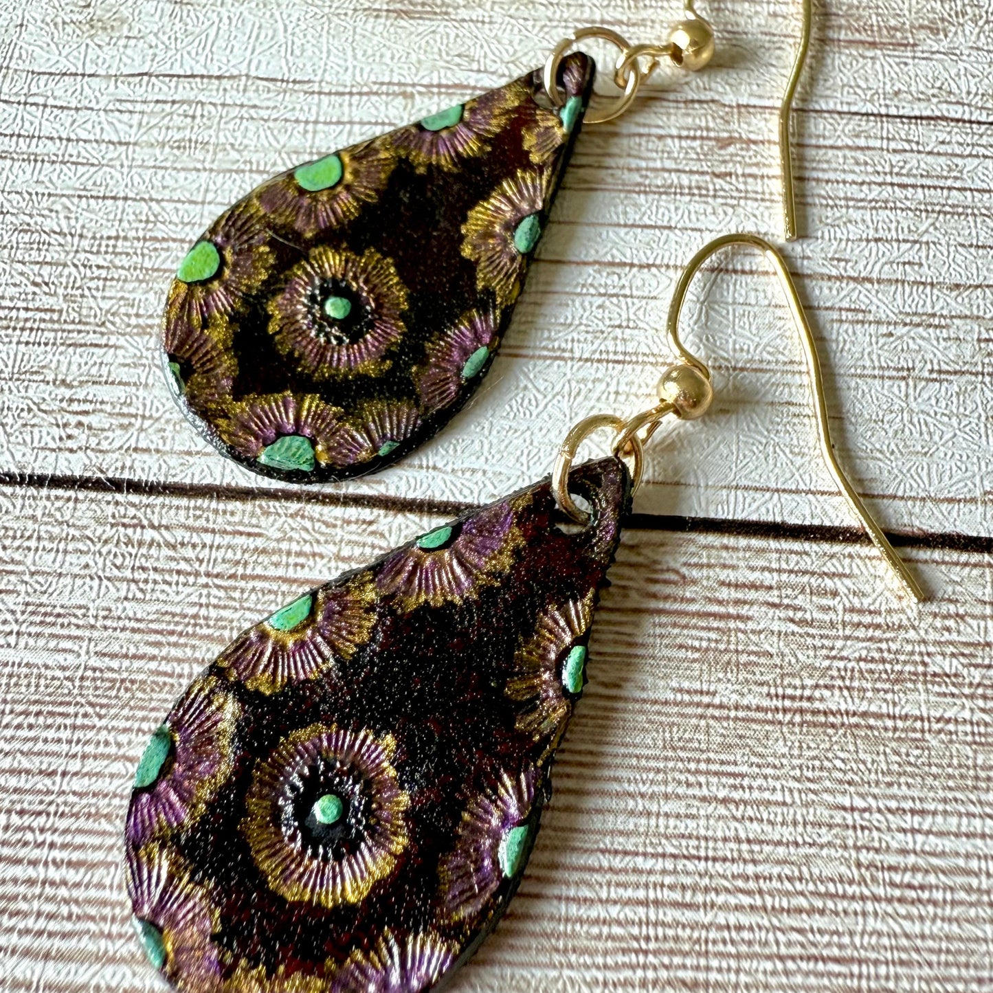 Leather Teardrop Earrings - Bohemian, Hand-Painted Floral, M
