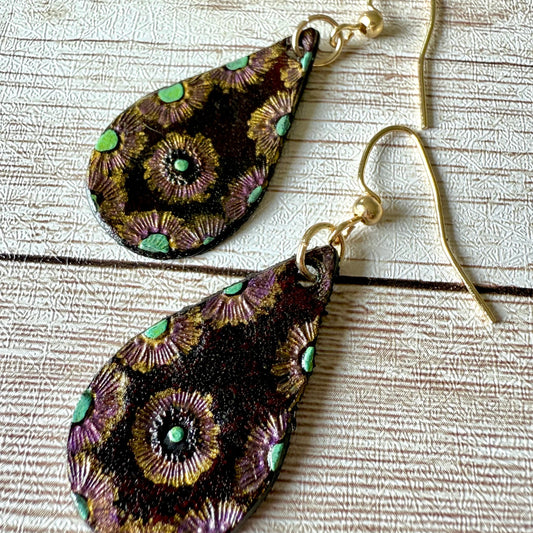 Leather Teardrop Earrings - Bohemian, Hand-Painted Floral, M