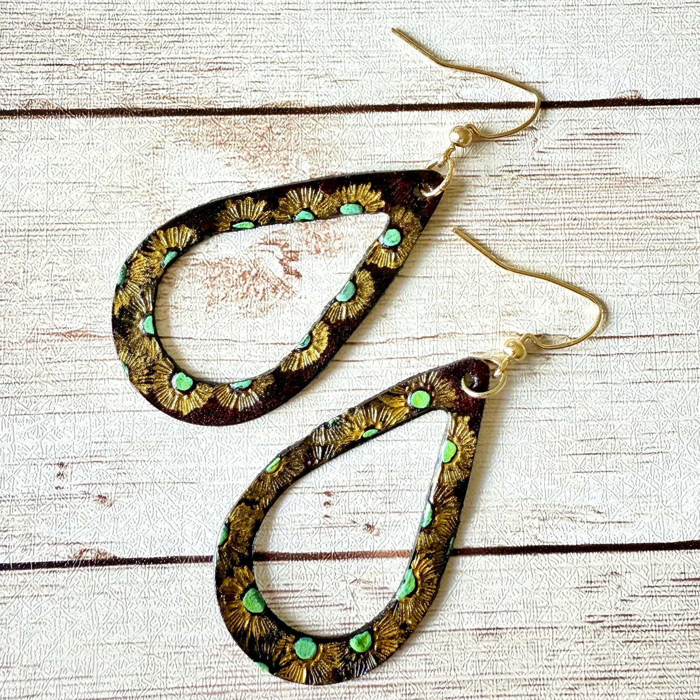 Leather Teardrop Earrings with Cutout - Hand-Stamped/Painted, Bohemian Floral, L
