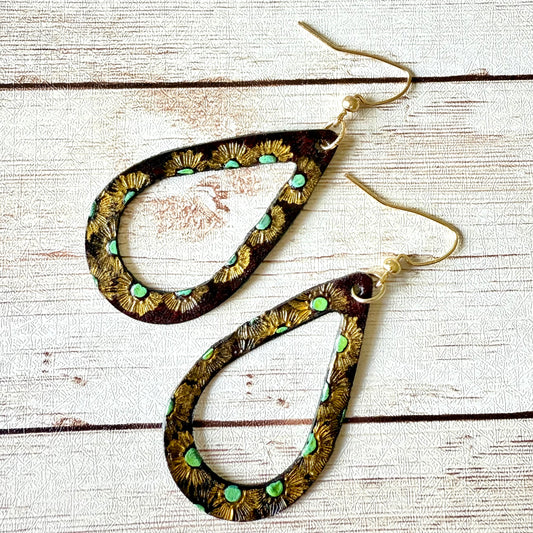 Leather Teardrop Earrings with Cutout - Hand-Stamped/Painted, Bohemian Floral, L