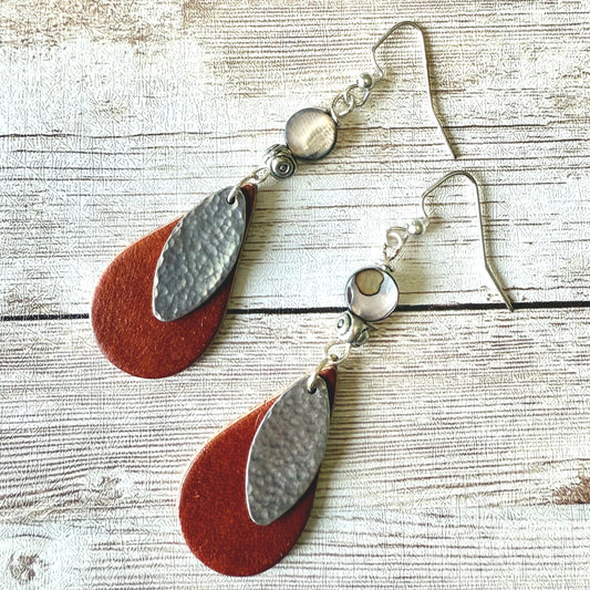 Leather Teardrop Earrings - Bohemian/Southwestern Style with Hammered Metal