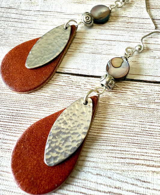 Leather Teardrop Earrings - Bohemian/Southwestern Style with Hammered Metal