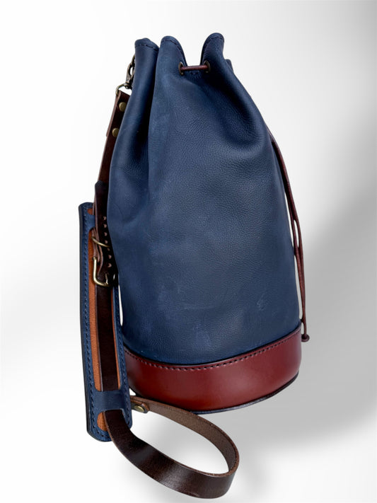 Blue Two-Toned Bucket Duffle with Removeable Straps