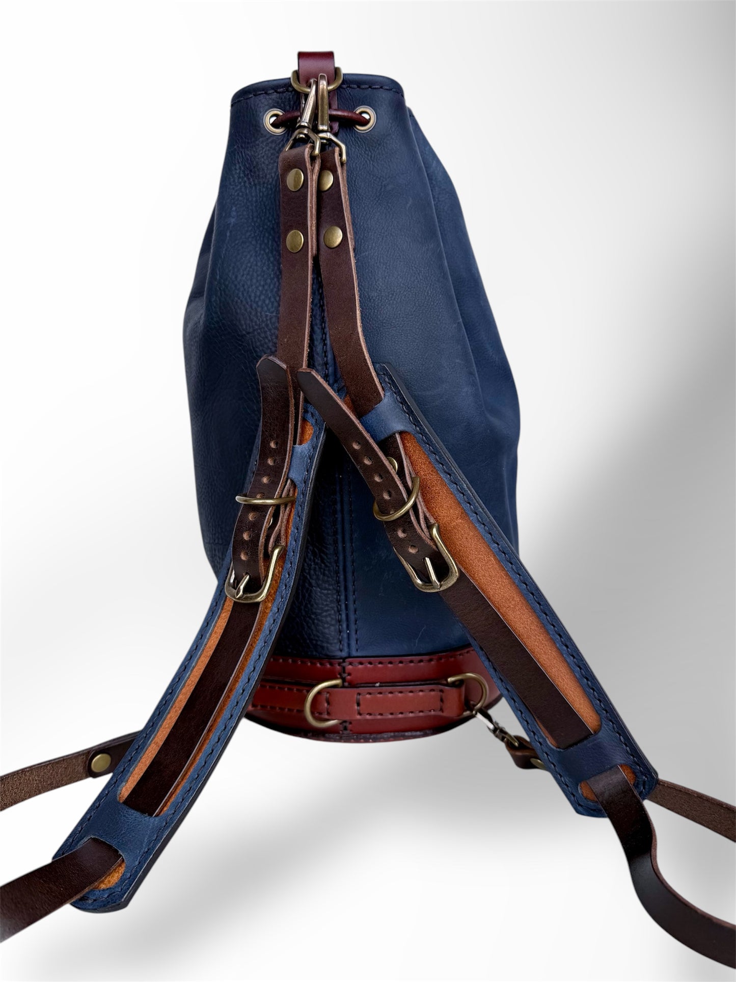 Blue Two-Toned Bucket Duffle with Removeable Straps