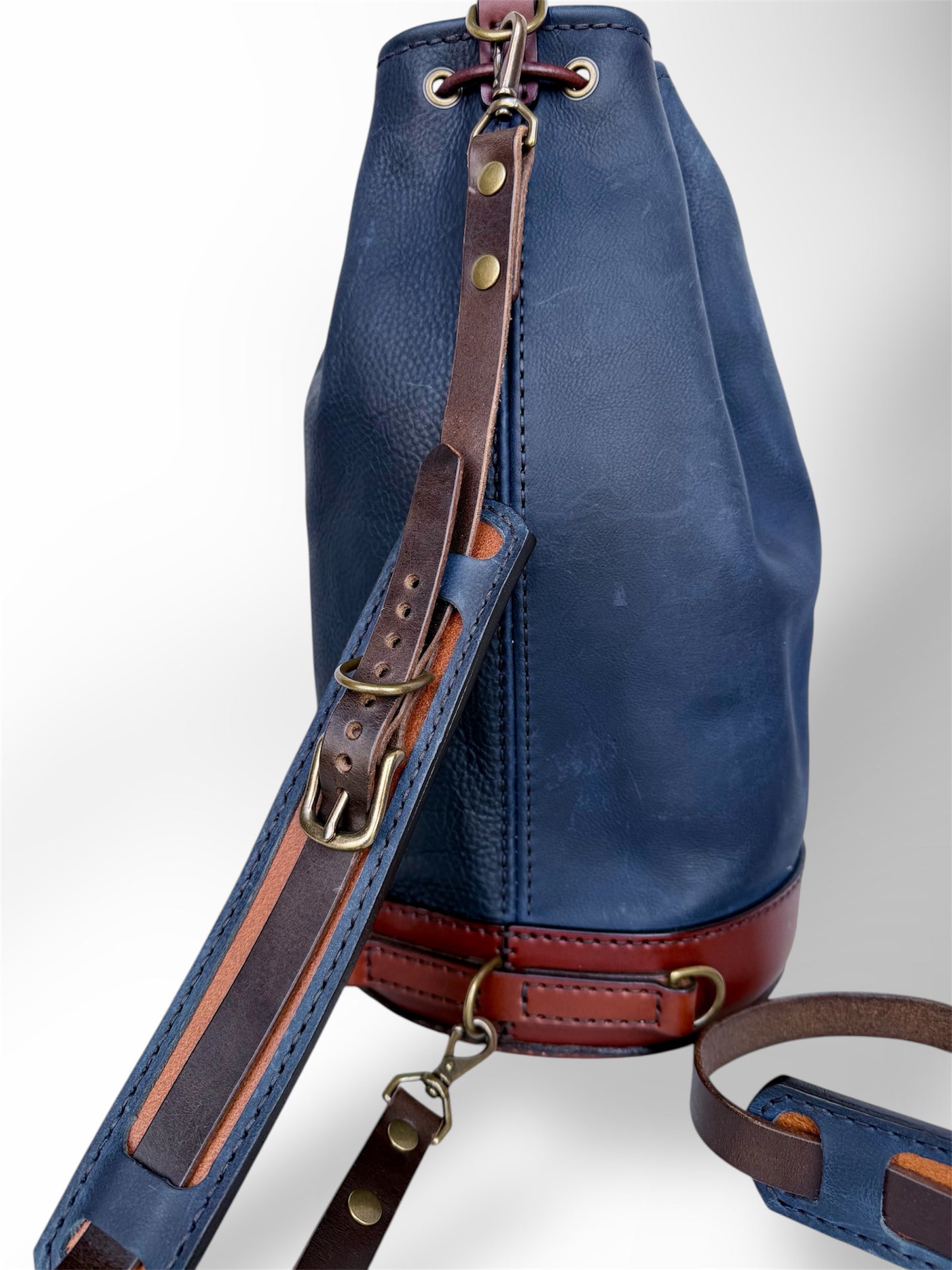Blue Two-Toned Bucket Duffle with Removeable Straps